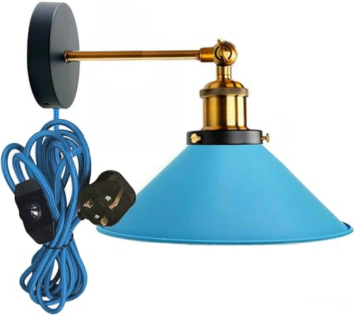 LEDSone Moderne Vintage Retro Industrie Wandleuchte Stecker in Wandleuchte mit gelbem Messingarm, Dimmschalter und Lampenschirm (blau) von LEDSone