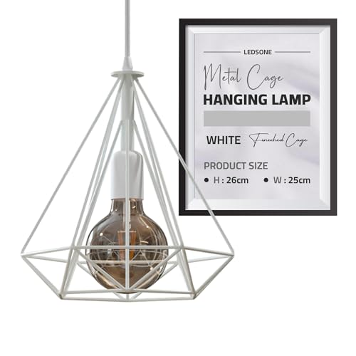LEDSone Moderne geometrische Diamant-Hängelampenschirme – Metalldrahtkäfig 25 B x 26 H, ideal für Wohnzimmer, Küche, Restaurant, Büro (1, Weiß) von LEDSone