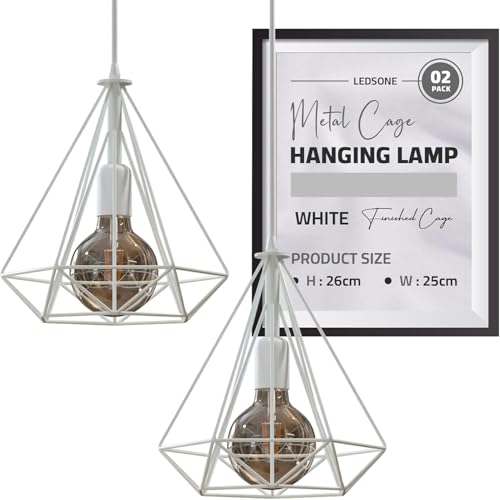 LEDSone Moderne geometrische Diamant-Hängelampenschirme – Metalldrahtkäfig 25 B x 26 H, ideal für Wohnzimmer, Küche, Restaurant, Büro (2, Weiß) von LEDSone