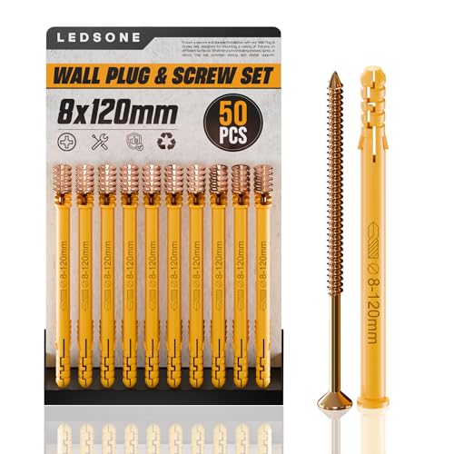 LEDSone Schrauben- und Dübel-Set, 50 Stück, 8 x 120 mm, für Mauerwerk, Ziegel, Beton, Dübel und Schrauben in Fächern, verzinkt, 3 verschiedene Größen von LEDSone