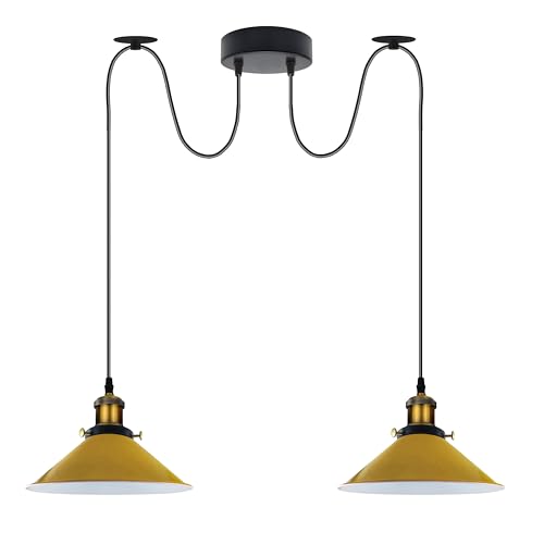 LEDSone Vintage 2-Kopf-Licht Spinnenlampe Pendelleuchte Höhenverstellbarer Metallkegel Lampenschirm Retro Industrieller Deckenleuchter mit E27-Fassung(Gelb) von LEDSone