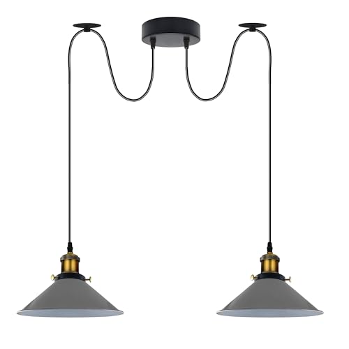 LEDSone Vintage 2-Kopf-Licht Spinnenlampe Pendelleuchte Höhenverstellbarer Metallkegel Lampenschirm Retro Industrieller Deckenleuchter mit E27-Fassung [Energieklasse A] (Grau-1) von LEDSone