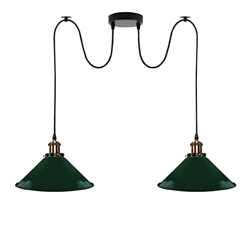LEDSone Vintage 2-Kopf-Licht Spinnenlampe Pendelleuchte Höhenverstellbarer Metallkegel Lampenschirm Retro Industrieller Deckenleuchter mit E27-Fassung [Energieklasse A] (Grün-1) von LEDSone