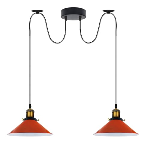 LEDSone Vintage 2-Kopf-Licht Spinnenlampe Pendelleuchte Höhenverstellbarer Metallkegel Lampenschirm Retro Industrieller Deckenleuchter mit E27-Fassung [Energieklasse A] (Orange-1) von LEDSone