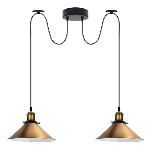 LEDSone Vintage 2-Kopf-Licht Spinnenlampe Pendelleuchte Höhenverstellbarer Metallkegel Lampenschirm Retro Industrieller Deckenleuchter mit E27-Fassung(Gebürstetes Kupfer-1) (Gelbmessing) von LEDSone