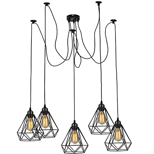 LEDSone Vintage 5 Kopflampe Spinne Lampe Pendelleuchte Höhenverstellbar Metall Schwarz Diamant Käfig Lampenschirm Retro Industrie Deckenleuchter mit E27 Halterung Fassung (5 Kopf Black Diamond Cage) von LEDSone