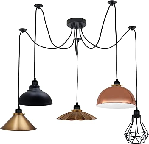 LEDSone Vintage 5 Kopflampe Spinne Lampe Pendelleuchte Höhenverstellbar Metall Schwarz Käfig Lampenschirm Retro Industrie Deckenleuchte Kronleuchter mit E27-Fassung (Stil 1 ohne Glühbirne) von LEDSone