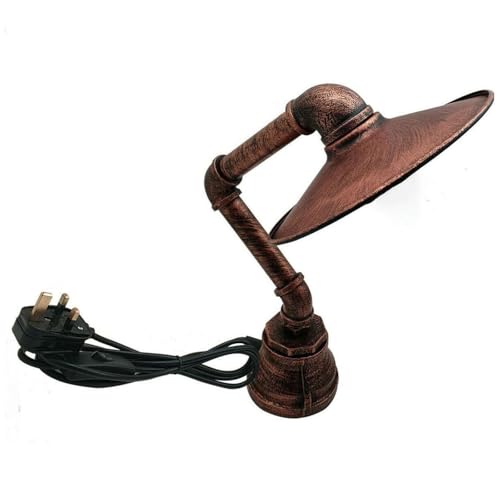 LEDSone Wasserpfeifen-Tischlampe, Vintage-Industrie-Steampunk, Rustikale Nachttischlampe Aus Gebürstetem Kupfer Mit Flachem Schirm (Rustikales Rot) von LEDSone