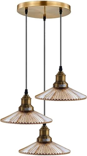 LEDSone Vintage Metall 3-Kopf-Leuchte Industrie-Pendelleuchte Metallschirm, Hängende Deckenleuchte [Energieklasse A] (Gelbes Messing) von LEDSone