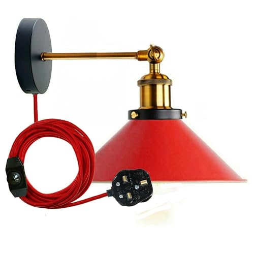 LEDSone Wandlampe 1 flammige E27 Vintage Wandleuchte im Industrial Design Retro Lampe aus Metall Rot Lampenschirm innen Loft-Wandlampen [Energieklasse A+] von LEDSone