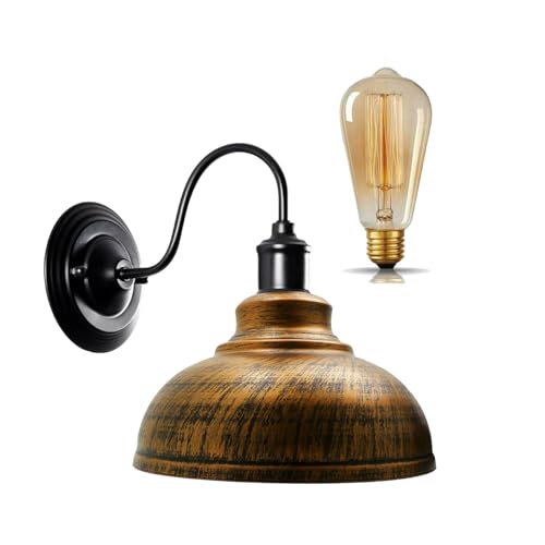 LEDSone Wandlampe E27 Vintage Wandleuchte im Industriedesign Retro Lampe aus Metall Gelber Messing Lampenschirm Innen Loft Wandlampen (Gebürstetes Kupfer) von LEDSone