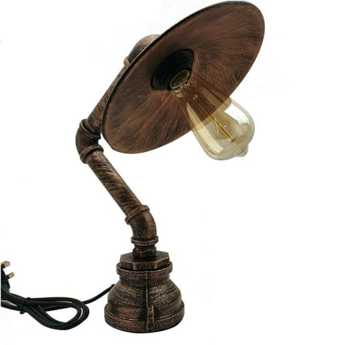 LEDSone Wasserpfeifen-Tischlampe, Vintage-Industrie-Steampunk-Tischlampe, rustikale Wasserpfeifen-Nachttischlampe aus gebürstetem Kupfer (Tischlampe mit flachem Schirm) von LEDSone