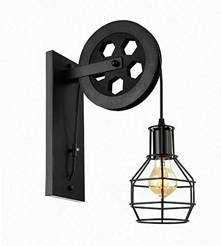 Vintage Retro Style Black Wall Lamp Loft Pulley Wheel Lamp Light Fixture with Wire Cage Shade for Antique Look (Black) von LEDSone