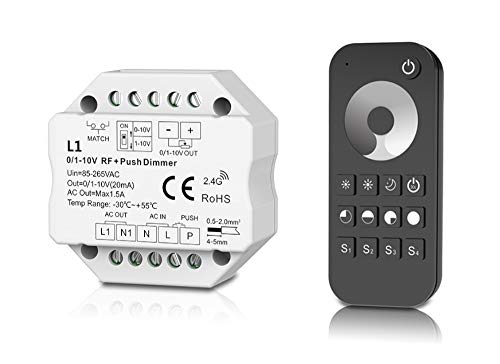 LEDUX 0/1-10V Dimmer mit 2.4G Funk, Push-Dimm Funktion, 230V, 1 Kanal, Einstellbar für 0-10V oder 1-10V (Dimmer + Fernbedienung) von LEDUX