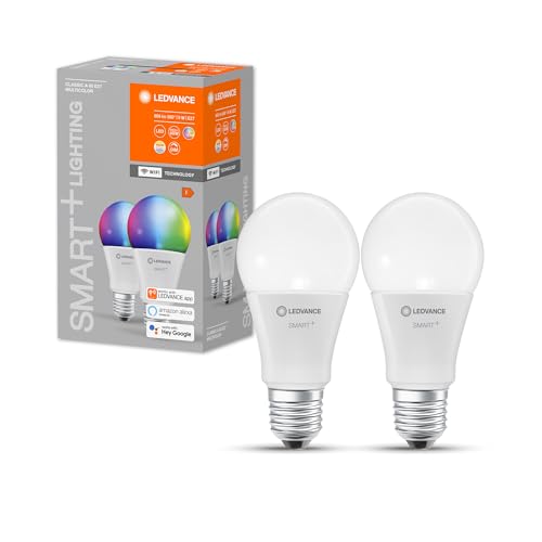 LEDVANCE Smarte LED-Lampe mit WiFi Technologie, Sockel E27, Dimmbar, Lichtfarbe änderbar (2700-6500K), RGB Farben änderbar, ersetzt Glühlampen mit 60 W, SMART+ WiFi Classic Multicolour, 2er-Pack von LEDVANCE