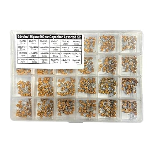 Monolithic Capacitor Kit 10pf-10Uf 24value*25PCS 20 30 47 56 68 100 200 300 680/pf 104 102 103 101 473 106 1 4.7 10 473 100/NF Capacitance Meters von LEDVXFSVY