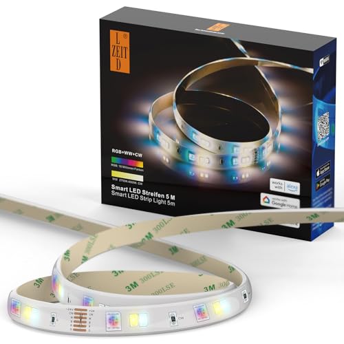 LEDZEIT-Smart Serie-5m LED Strip, 24V RGBCCT (RGB+Warmweiß+Kaltweiß), 90 LEDs/M, Beschichtetes Lichtband, App-Steuerung, Funktioniert mit Alexa und Google Home, ideal für Zuhause von LEDZEIT