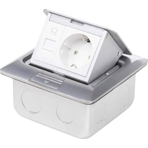 LEDmaxx ALU1X1S A, Einbausteckdose Fußbodensteckdose Steckdose 2-fach RJ45 und Schuko Edelstahl für Boden und Wand Bodendose, 2000 W, silber, 12 x 10 x 5.5 cm von LEDmaxx