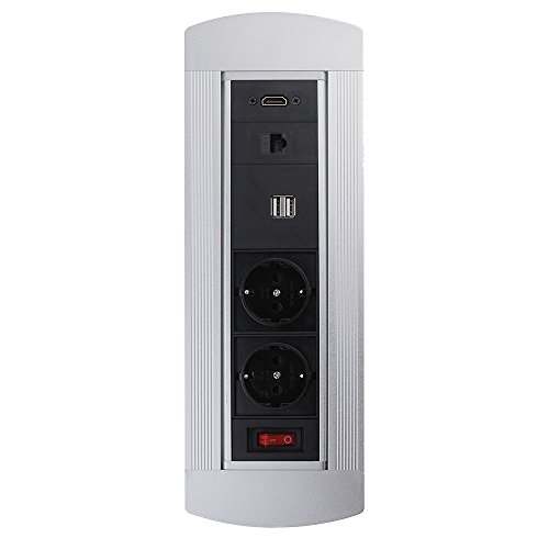 LEDmaxx ALUMS1 A, Multi Tischsteckdose 2 Schuko 2 USB 1 RJ45 1 HDMI, 3500 W, silber, 32.5 x 11 x 11.5 cm von LEDmaxx