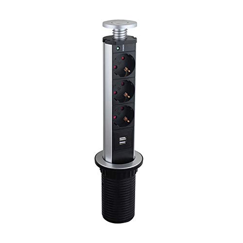 LEDmaxx TSD001 A, Einbau Steckdosenturm 3 x Schuko 1 x Doppel USB, 4000 W, silber, 31.5 x 8.1 x 8.1 cm von LEDmaxx
