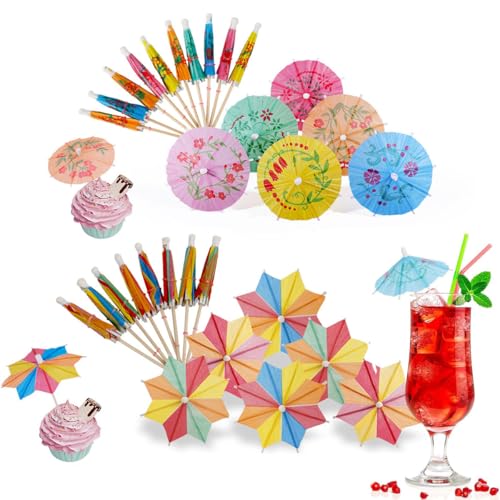 100 Stück 2 Arten Cocktail-Getränke-Schirme, Zahnstocher, bunte Variationen, Cocktailspieße mit Holzstäbchen, Cupcake-Topper für Party-Dekoration von LEECHY