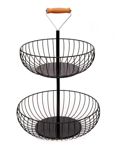 LEEJARD 2-stöckiger Schwarz Obstkorb, Abnehmbarer Obstkorb aus Metall mit Holzgriff fur Wohnzimmer Küche Esszimmer Aufbewahrung Dekoration (Schwarz, H:45 Dm:29 cm | 2-Stöckiger) von LEEJARD
