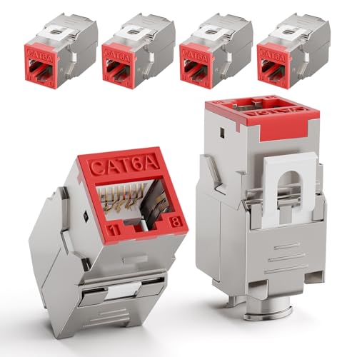 LEENUE 6 Stück RJ45 Keystone Jack Cat6A, 10 Gbit/s 500MHZ, Vergoldet Keystone Modul for CAT6A CAT6 POE Verlegekabel, RJ45 Stecker, Patchkabel Netzwerkkabel und Ethernet Patch Pane, Netzwerkdose, Rot von LEENUE