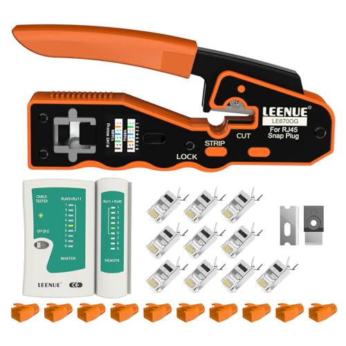 LEENUE RJ45 Crimpzange Set, Netzwerk Werkzeug Set mit 10 x Cat 7 Cat6A Lan Stecker Pass Through, Netzwerktester von LEENUE