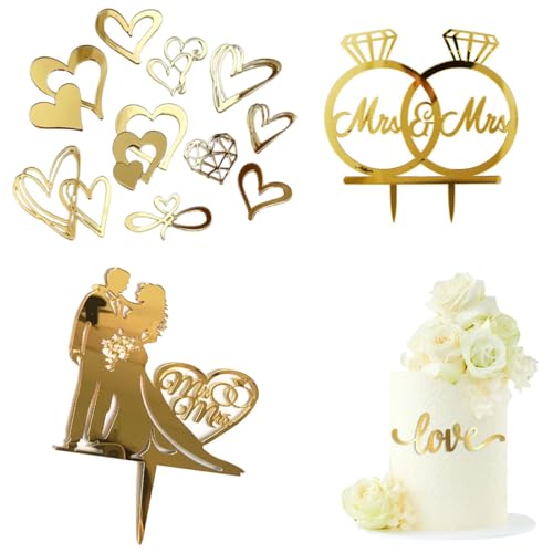 LEEQ 10pcs Kuchen Deko Acryl in Herzform - Cake Topper Hochzeit Personalisiert, Tortendekoration Cake Topper Hochzeit Acryl Tortendeko Gold für Verlobung Party von LEEQ