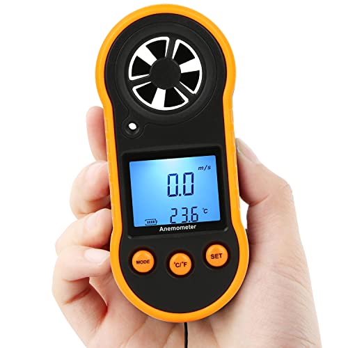 Digitaler Windmesser, LEERCHUANG Anemometer mit LCD Hintergrundbeleuchtung, Windmesser & Luftstrom Geschwindigkeitsmessung mit Thermometer, Windmesswerkzeug zum Segeln/Surfen/Angeln – Gelb von LEERCHUNAG