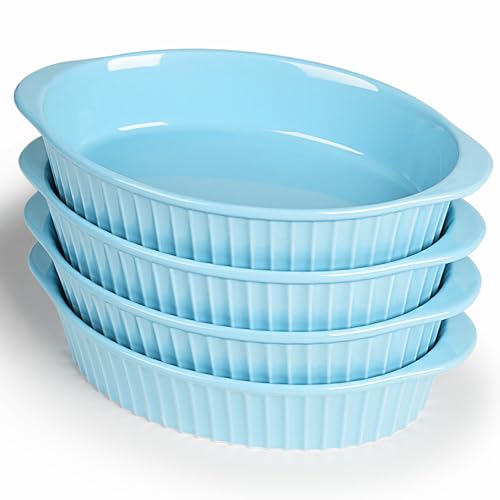 LEETOYI Kleine ovale Au Gratin Pfannen aus Porzellan, Set mit 4 Auflaufformen für 1 oder 2 Personen, Backgeschirr mit Doppelgriff für Küche und Zuhause, Türkis von LEETOYI