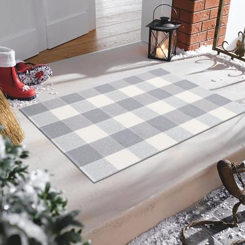 Buffalo Plaid Outdoor Teppich, Leevan 6 x 0.9 m, Baumwolle, kariert, waschbar, gewebte Veranda, Welcome, geflochtene Fußmatte, für geschichtete Küche, Bauernhaus, Badezimmer, Teppich, grau und weiß von LEEVAN