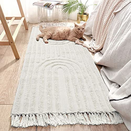 LEEVAN Boho-Läufer, waschbar, 60x150 cm, gewebter Schlafzimmerteppich, Beige Baumwolle, Bauernhaus, Küchenteppiche mit Quasten, Läufer für Badezimmer/Waschküche/Wohnzimmer, Akzentteppich von LEEVAN