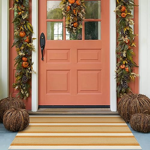 Orange gestreifter Outdoor-Teppich, 90 x 150 cm, Baumwolle, handgewebt, wendbar, für den Herbst, Veranda, Teppich, waschbar, Haustürmatte, Willkommens-mehrlagige Halloween-Fußmatte, kleiner Teppich von LEEVAN