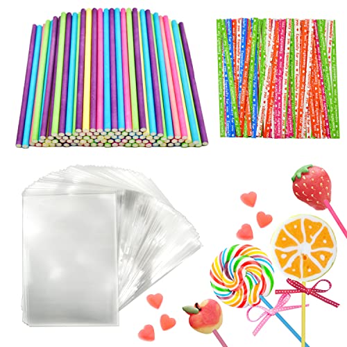 LEEWYOU Stiele für Cake Pops aus Papier 10 cm,300pcs Cake Pop Stiele Bunt Set,Lollipop Sticks,100pcs Cake Pop Sticks,100pcs Süßigkeiten Tüten mit 100 Twist Ties für DIY Bonbons und Pralinen von LEEWYOU