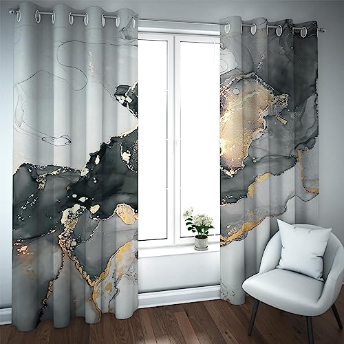 LEFEDA Schwarz und Grau Abstrakte Marmor Textur Verdunkelungsfenster Vorhänge Luxus Gold Risse Verdunkelnde Vorhänge mit Ösen Fensterdekor 2 Paneele 90x220cm von LEFEDA