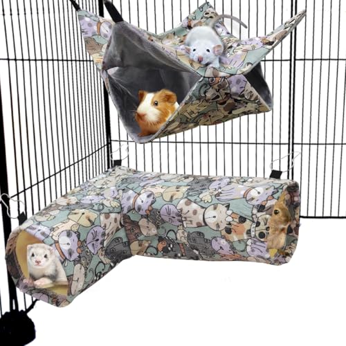 Meerschweinchen-/Ratten-Ecktunnel und Röhren, Frettchen-Etagenbett, Meerschweinchen-Versteck für Igel, Schweinchen, Hamster, Kleintierspielzeug und Käfigzubehör (1. Hängematte + Hasel) von LEFTSTARER