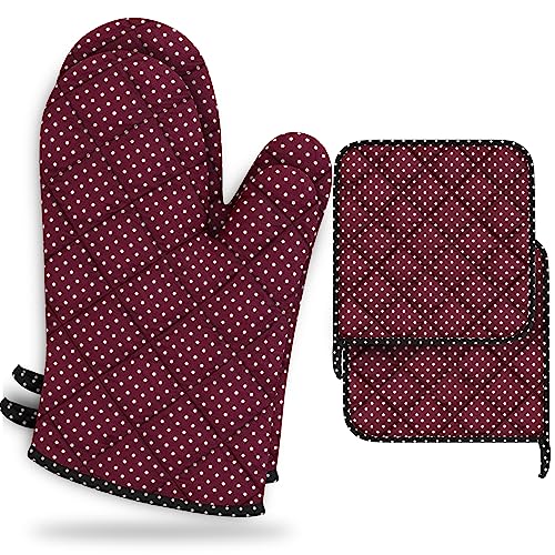 LEFUNDA® Ofenhandschuhe Topflappen 4er Set, Hitzebeständige Topfhandschuhe Baumwolle, Grillhandschuhe, Ofen Handschuhe (WeinRot (2 Ofenhandschuhe + 2 Topflappen), 4er Set) von LEFUNDA