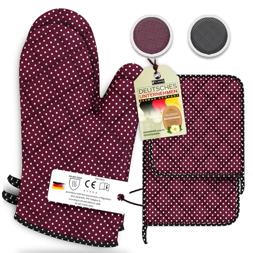 LEFUNDA® Ofenhandschuhe Topflappen 4er Set, Hitzebeständige Topfhandschuhe Baumwolle, Grillhandschuhe, Ofen Handschuhe zum Backen, Kochen, Grillen BBQ Kochhandschuhe Oven Mitts, Backhandschuhe (Rot) von LEFUNDA