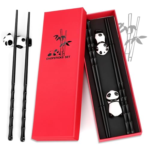 2 Paar Essstäbchen mit Chinesischen Panda Keramik Stäbchen Halter, Rutschfeste Essstäbchen Spülmaschinenfest Wiederverwendbare Fiberglas, Premium Geschenkbox Ideal als Geschenk von LEFUYAN