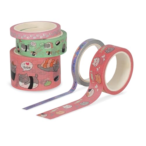 Legami - 5er Set Papierklebebänder,Tape by Tape, Kitty, bunt, zum Kleben, Dekorieren und Personalisieren, 3 verschiedene Größen, Länge je 5 Meter von LEGAMI