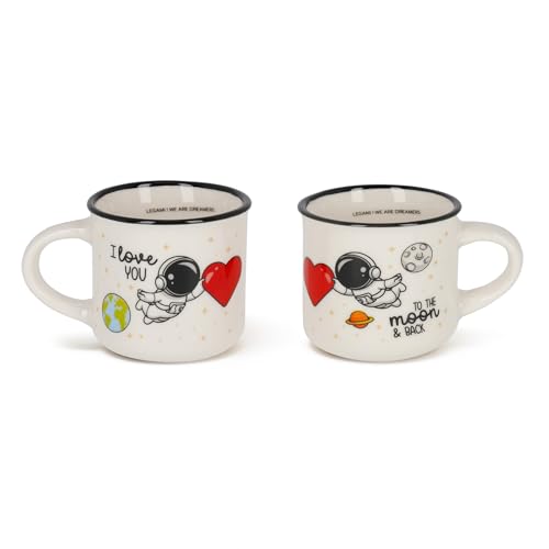 Legami - Espressotassen For Two, Set mit 2 Kaffeetassen aus New Bone China, Kaffeetasse Spülmaschinenfest, Astronaut I Love You, Durchmesser 5,5 cm, Fassungsvermögen 50 ml von LEGAMI