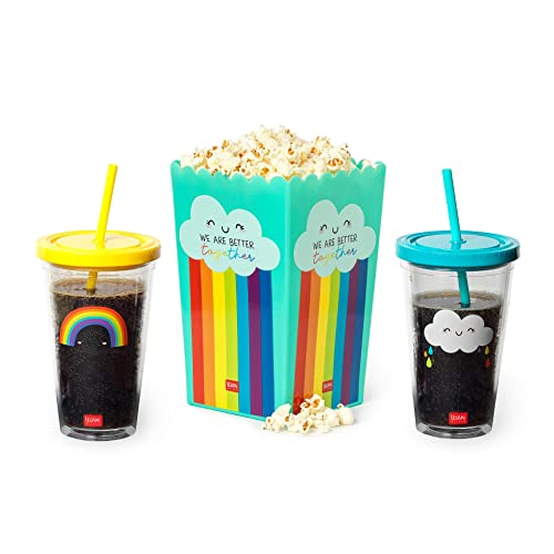 Legami - Set aus einem Behälter für Popcorn und zwei Gläser, wiederverwendbar, 450 ml Gläser mit Schraubverschluss und Strohhalm, Popcorneimer 3,5 l von LEGAMI