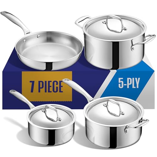 LEGEND COOKWARE Edelstahl-Kochgeschirr-Set, 5-lagig, 7-teilig, Induktionskompatibel, ungiftig, beste robuste 18/8-Konstruktion, ofenfest, gleichmäßiges Erhitzen, PFOA-PTFE, PFOS-frei von LEGEND COOKWARE