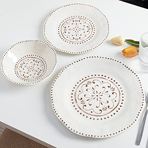 LEHAHA Beaded Crackle Campinggeschirr-Set, Teller und Schüsseln, für den Innen- und Außenbereich, bruchfest, rustikales Wohnmobil-Geschirr-Set, Service für 4 (Elfenbein), 12-teilig von LEHAHA