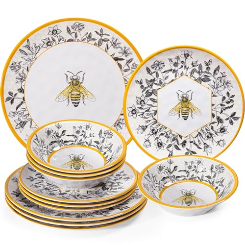 LEHAHA Honeycomb Bee Sweet 12-teiliges Melamin-Geschirr-Set, Melamin-Geschirr-Set, leichte und unzerbrechliche Garten-Essteller, Beilagenteller und Allzweck-Schüsseln, 4-teilig von LEHAHA