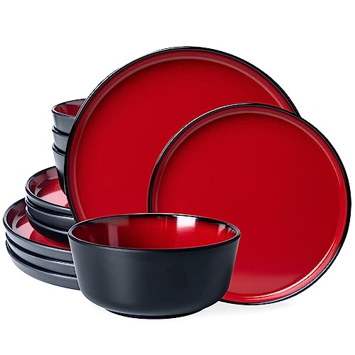LEHAHA Melamin-Geschirr-Set, 12-Teilig, Moderne Küchenteller und Schüsseln, Luxuriöses Zweifarbiges Rot-Schwarzes Keramik-Optik-Set für 4, Weihnachtsgeschirr von LEHAHA