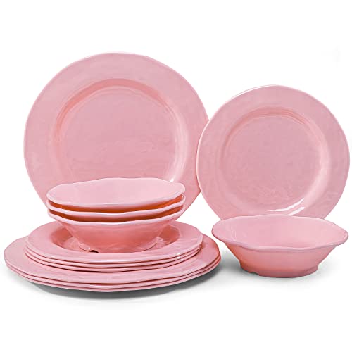 LEHAHA Pink Dishes Melamin-Geschirr-Sets, 12-teilige Küchenteller und -Schüsseln, Geschirr-Sets, leicht, BPA-frei, Melamin-Geschirr für Mädchen, Valentinstag, Muttertag von LEHAHA