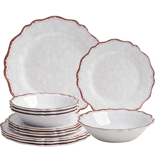 LEHAHA Farmhouse White Melamine Dinnerware Sets, 12 Piece Plates and Bowls Set, Perfect Weight and Unbreakable Camping Dishes Dinnerware Sets, Service for 4, Indoor and Outdoor Use, Dishwasher Safe von LEHAHA