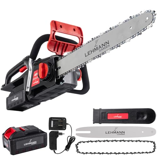LEHMANN Akku Kettensäge 40V, 40 cm Schnittlänge, 19 m/s Kettengeschwindigkeit, automatischer Kettenschmierung, Brushless Motor, Kettensäge mit Akku und Ladegerät, Ergonomisch & Leicht von LEHMANN